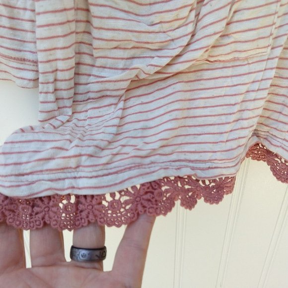Logo Lori Goldstein Striped V Neck Cardigan Size XS Pink Oatmeal Lace Button Up - Picture 6 of 8